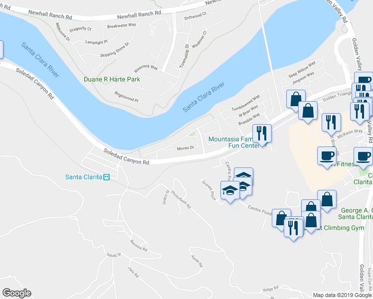 map of restaurants, bars, coffee shops, grocery stores, and more near 21936 Moveo Drive in Santa Clarita