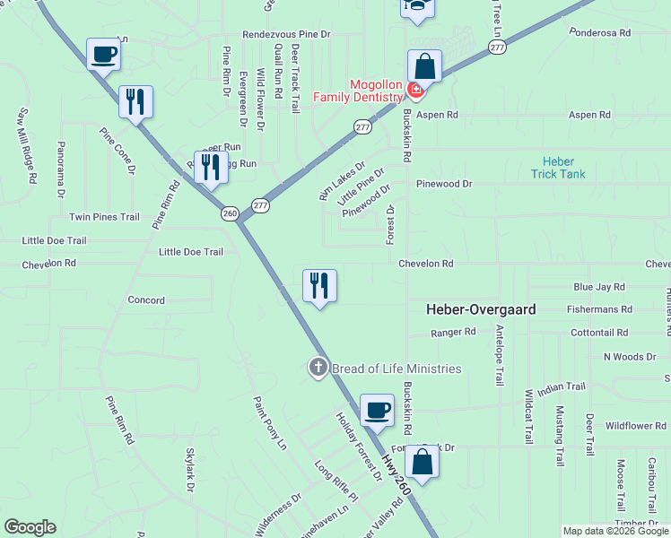 map of restaurants, bars, coffee shops, grocery stores, and more near 2060 Chevelon Road in Heber-Overgaard