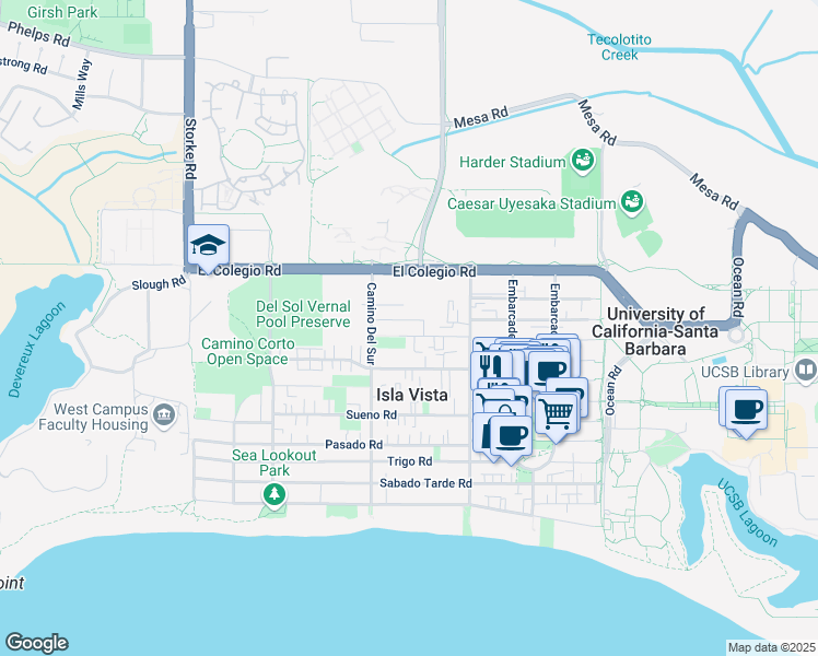 map of restaurants, bars, coffee shops, grocery stores, and more near 6662 Picasso Road in Goleta