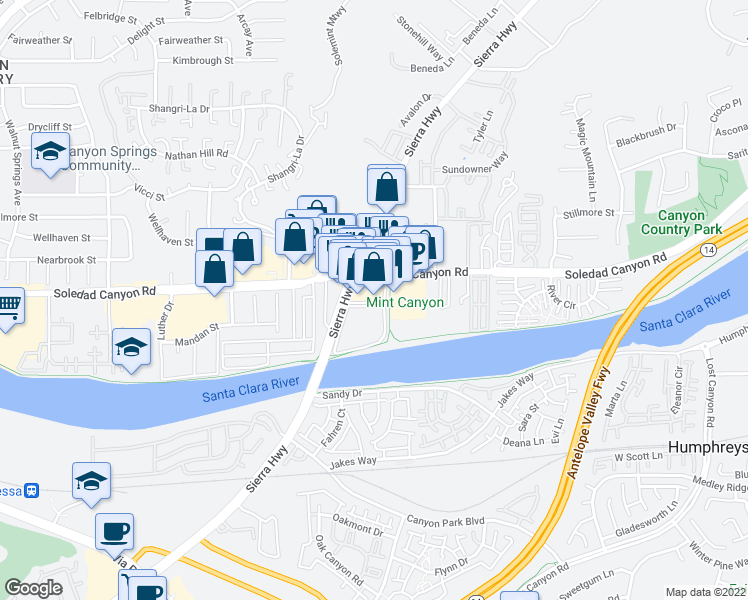 map of restaurants, bars, coffee shops, grocery stores, and more near 27558 Sierra Highway in Santa Clarita