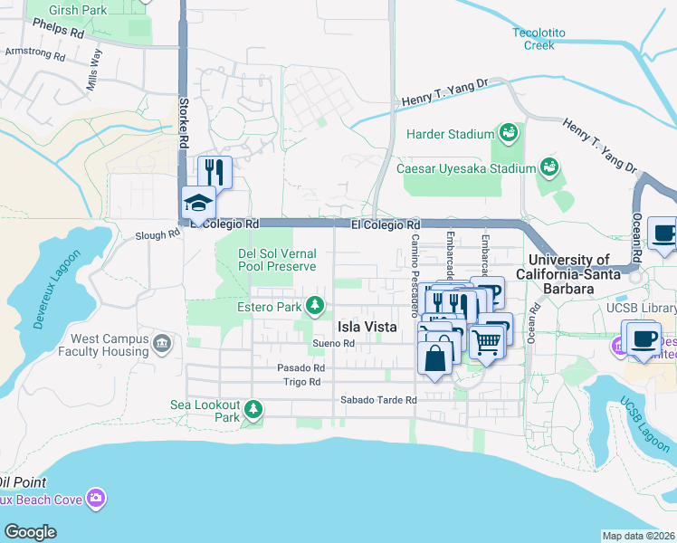 map of restaurants, bars, coffee shops, grocery stores, and more near 6694 Picasso Road in Goleta
