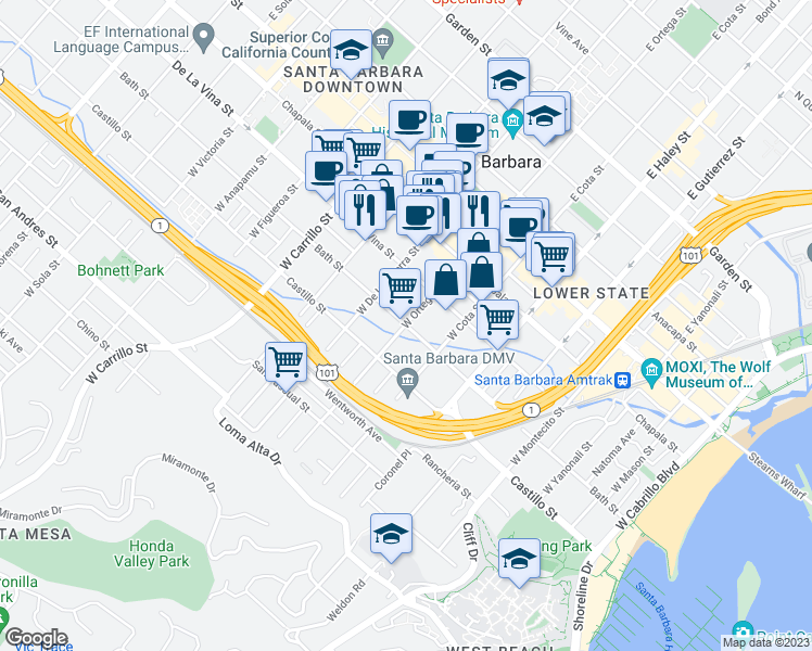 map of restaurants, bars, coffee shops, grocery stores, and more near Bath St & W Ortega St in Santa Barbara