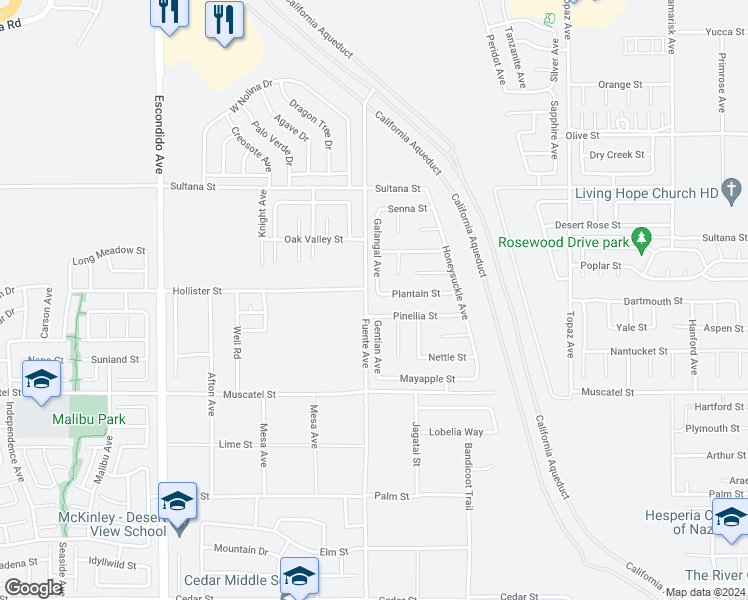 map of restaurants, bars, coffee shops, grocery stores, and more near 13761 Plantain Street in Hesperia