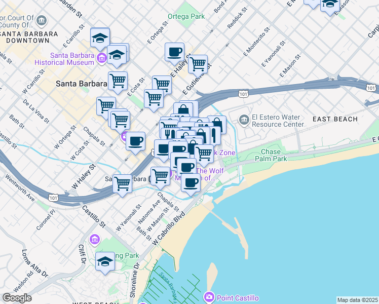 map of restaurants, bars, coffee shops, grocery stores, and more near 206 Santa Barbara Street in Santa Barbara