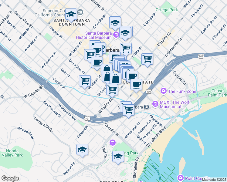 map of restaurants, bars, coffee shops, grocery stores, and more near in Santa Barbara