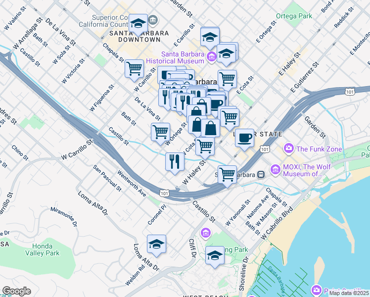 map of restaurants, bars, coffee shops, grocery stores, and more near 623 De La Vina Street in Santa Barbara