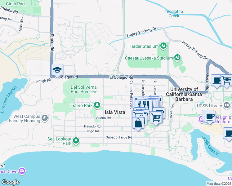 map of restaurants, bars, coffee shops, grocery stores, and more near 6656 Picasso Road in Goleta