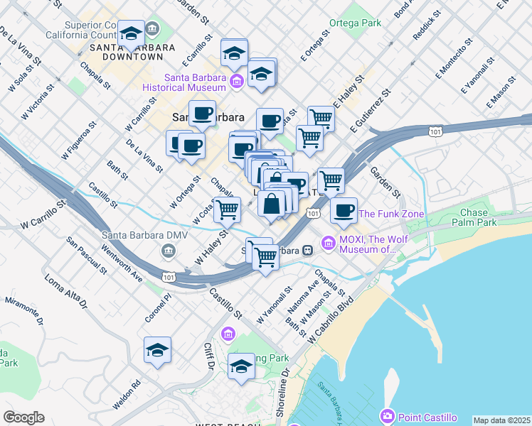 map of restaurants, bars, coffee shops, grocery stores, and more near 414 Chapala Street in Santa Barbara