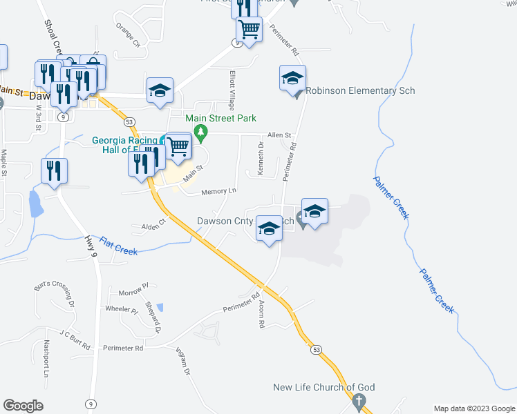 map of restaurants, bars, coffee shops, grocery stores, and more near 75 Rand Way in Dawsonville