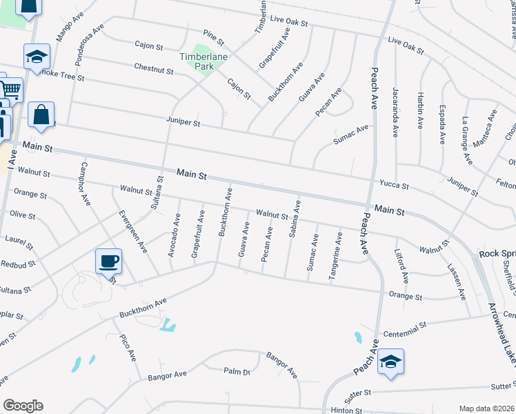 map of restaurants, bars, coffee shops, grocery stores, and more near 18102 Walnut Street in Hesperia