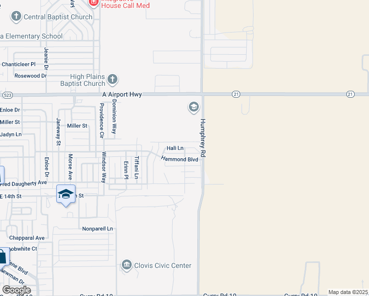 map of restaurants, bars, coffee shops, grocery stores, and more near Hali Lane in Clovis