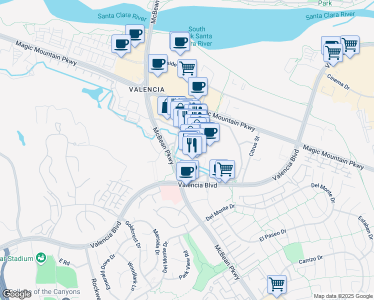 map of restaurants, bars, coffee shops, grocery stores, and more near 24201 Town Center Drive in Santa Clarita