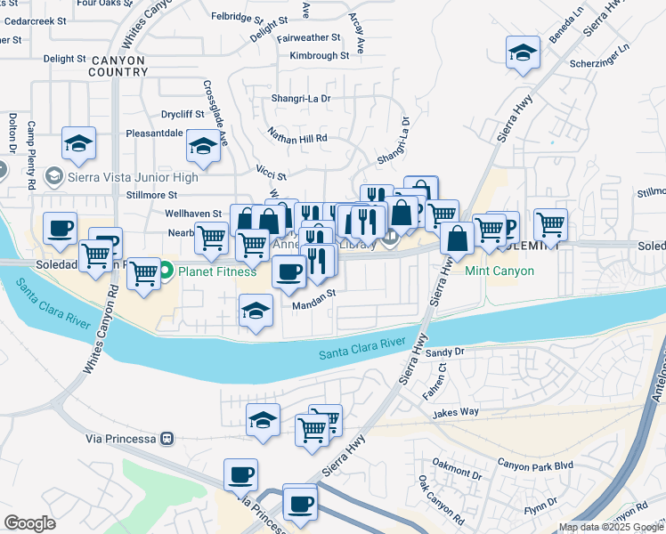 map of restaurants, bars, coffee shops, grocery stores, and more near 18645 Soledad Canyon Road in Santa Clarita