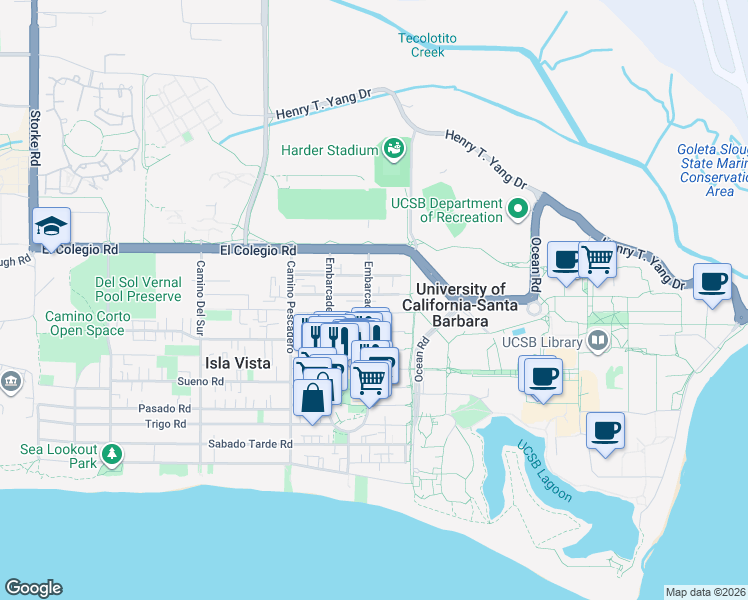 map of restaurants, bars, coffee shops, grocery stores, and more near 6533 El Greco Road in Goleta