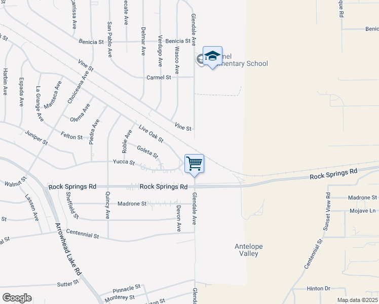 map of restaurants, bars, coffee shops, grocery stores, and more near 9022 Glendale Avenue in Hesperia
