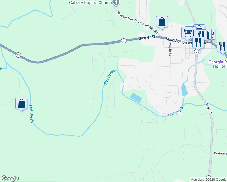 map of restaurants, bars, coffee shops, grocery stores, and more near 91 West Hightower Drive in Dawsonville