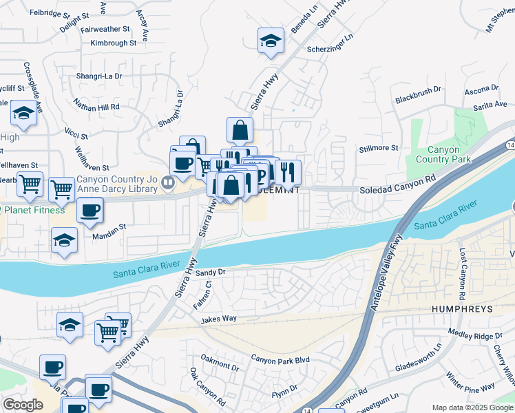 map of restaurants, bars, coffee shops, grocery stores, and more near 2 Soledad Canyon Road in Santa Clarita
