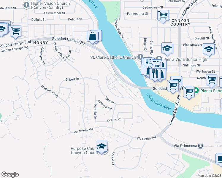map of restaurants, bars, coffee shops, grocery stores, and more near 26838 Albion Way in Santa Clarita