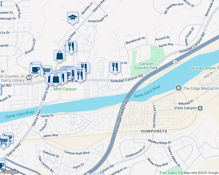 map of restaurants, bars, coffee shops, grocery stores, and more near 18031 River Circle in Santa Clarita