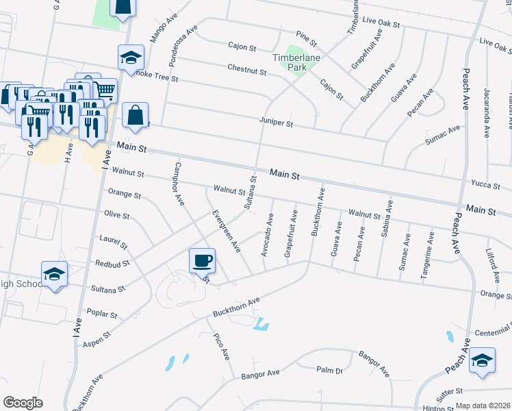 map of restaurants, bars, coffee shops, grocery stores, and more near 17829 Sultana Street in Hesperia