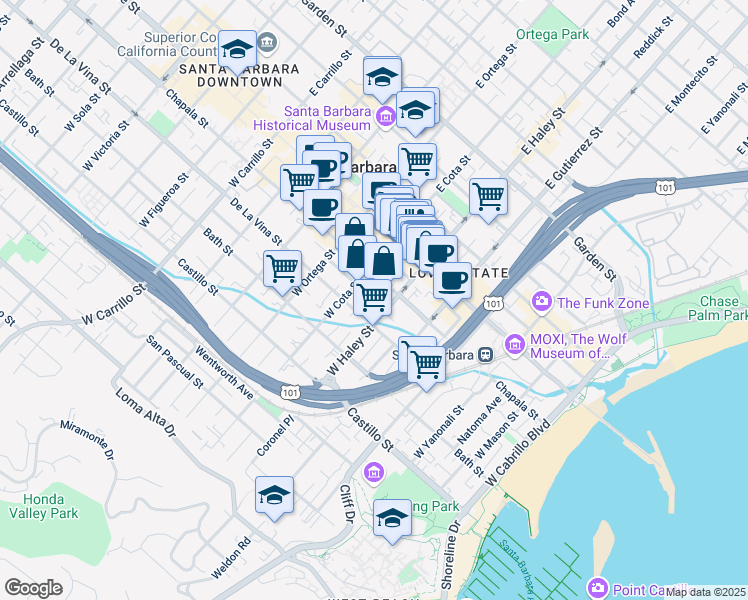 map of restaurants, bars, coffee shops, grocery stores, and more near in Santa Barbara