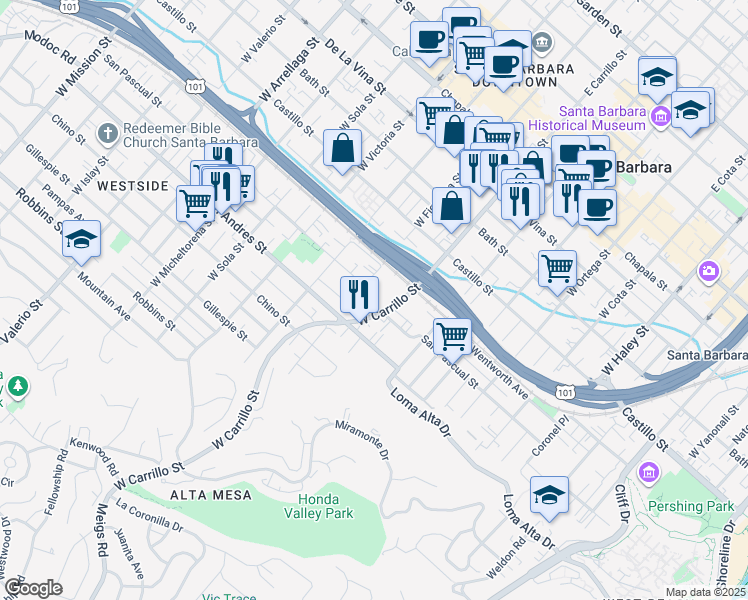 map of restaurants, bars, coffee shops, grocery stores, and more near 536 West Carrillo Street in Santa Barbara