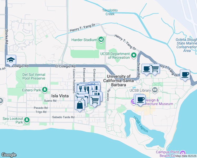 map of restaurants, bars, coffee shops, grocery stores, and more near 6514 El Greco Road in Isla Vista
