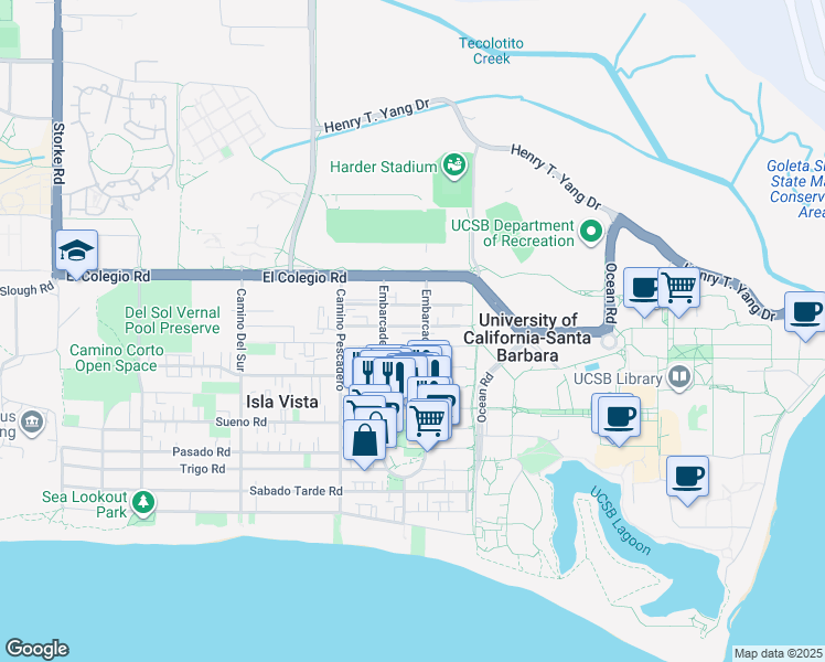 map of restaurants, bars, coffee shops, grocery stores, and more near 781 Embarcadero del Norte in Goleta