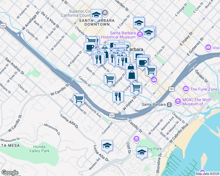 map of restaurants, bars, coffee shops, grocery stores, and more near 228 West Ortega Street in Santa Barbara
