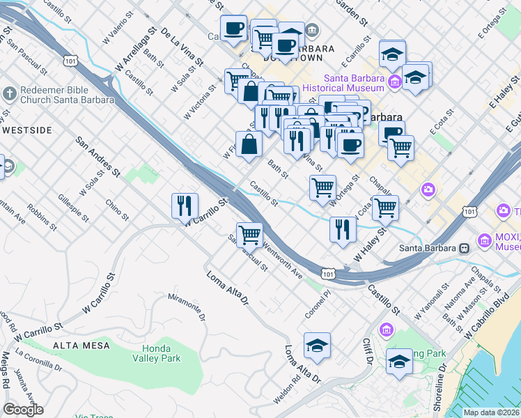 map of restaurants, bars, coffee shops, grocery stores, and more near 416 West Canon Perdido Street in Santa Barbara