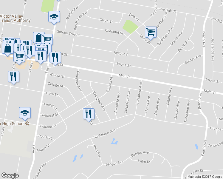 map of restaurants, bars, coffee shops, grocery stores, and more near 17829 Sultana Street in Hesperia