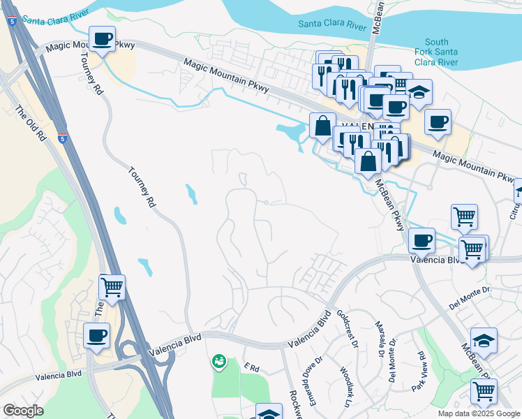 map of restaurants, bars, coffee shops, grocery stores, and more near 27018 Mirasol Street in Santa Clarita