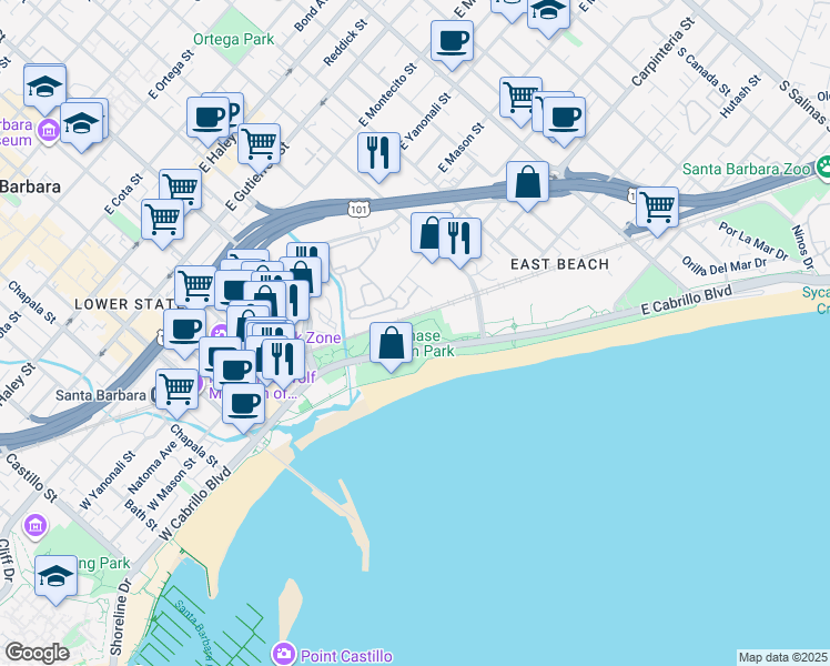 map of restaurants, bars, coffee shops, grocery stores, and more near 321 East Cabrillo Boulevard in Santa Barbara