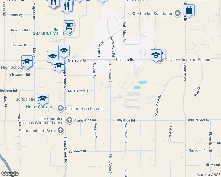 map of restaurants, bars, coffee shops, grocery stores, and more near 9116 Sierra Vista Drive in Phelan