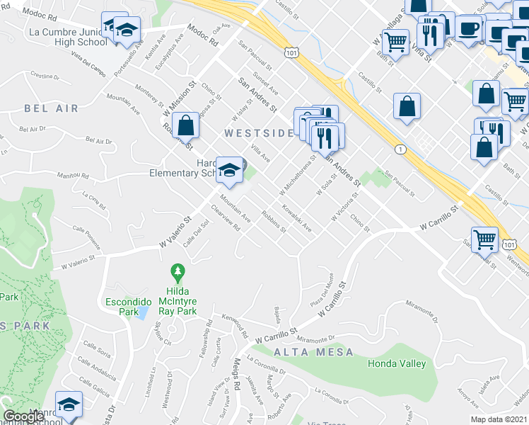 map of restaurants, bars, coffee shops, grocery stores, and more near Robbins Street & West Micheltorena Street in Santa Barbara