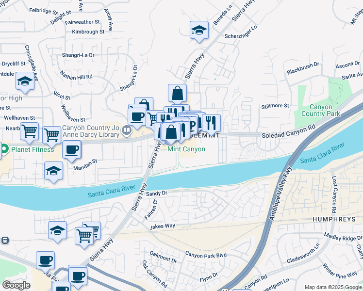 map of restaurants, bars, coffee shops, grocery stores, and more near 18362 Soledad Canyon Road in Santa Clarita