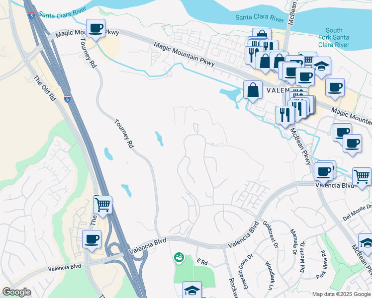 map of restaurants, bars, coffee shops, grocery stores, and more near 27016 Woodlands Drive in Santa Clarita