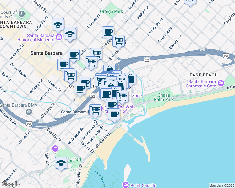 map of restaurants, bars, coffee shops, grocery stores, and more near 206 Santa Barbara Street in Santa Barbara