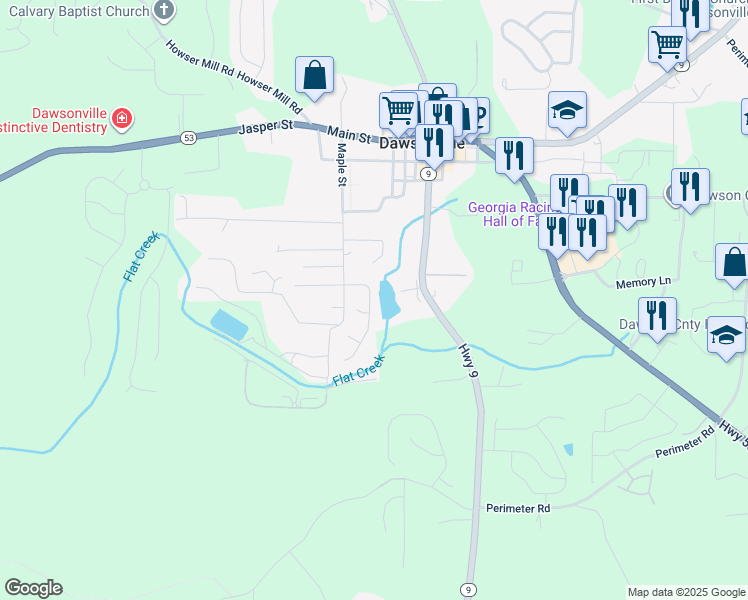 map of restaurants, bars, coffee shops, grocery stores, and more near 95 Pearl Chambers Drive in Dawsonville