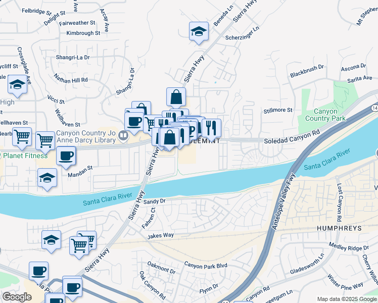 map of restaurants, bars, coffee shops, grocery stores, and more near 18346 Soledad Canyon Road in Santa Clarita