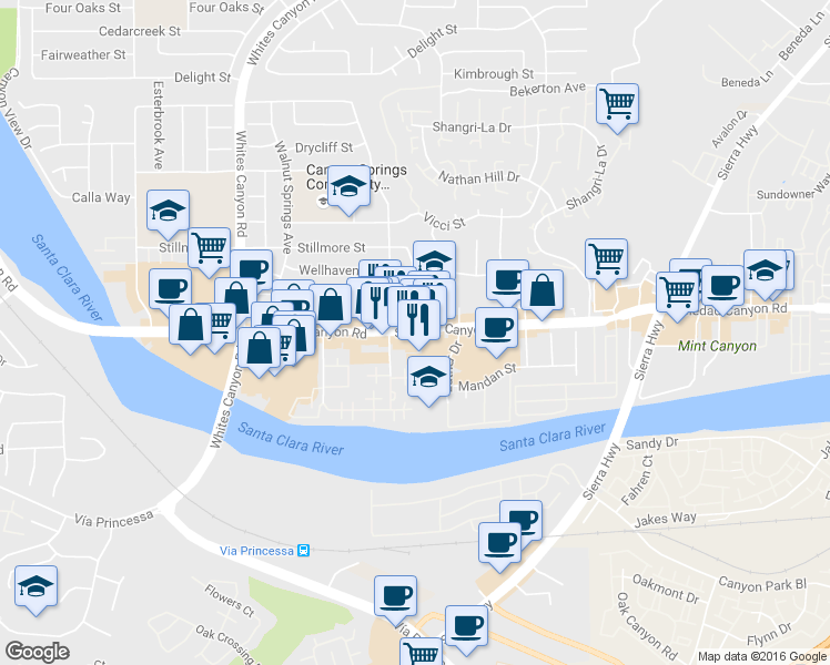 map of restaurants, bars, coffee shops, grocery stores, and more near 18934 Soledad Canyon Road in Santa Clarita