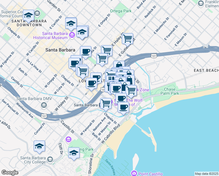 map of restaurants, bars, coffee shops, grocery stores, and more near 227 Gray Avenue in Santa Barbara