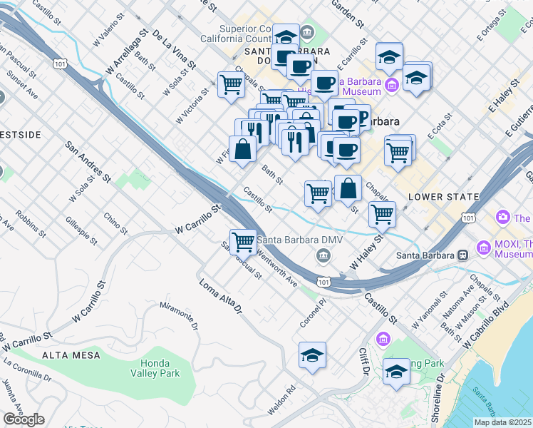 map of restaurants, bars, coffee shops, grocery stores, and more near 401 Transfer Avenue in Santa Barbara