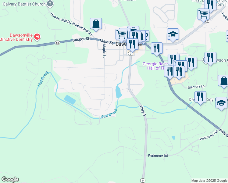 map of restaurants, bars, coffee shops, grocery stores, and more near 91 Pearl Chambers Drive in Dawsonville
