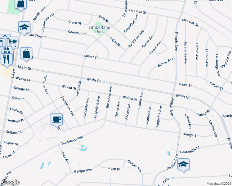 map of restaurants, bars, coffee shops, grocery stores, and more near 18060 Walnut Street in Hesperia