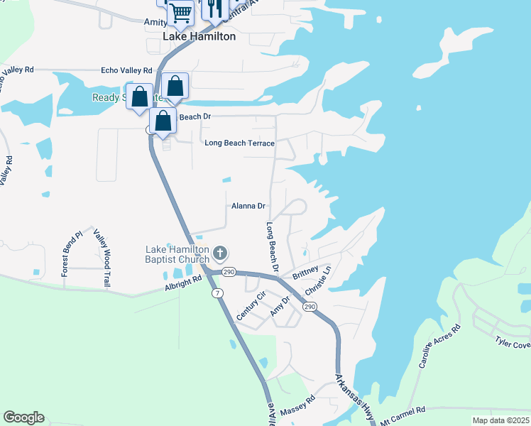 map of restaurants, bars, coffee shops, grocery stores, and more near 150 Alanna Drive in Lake Hamilton