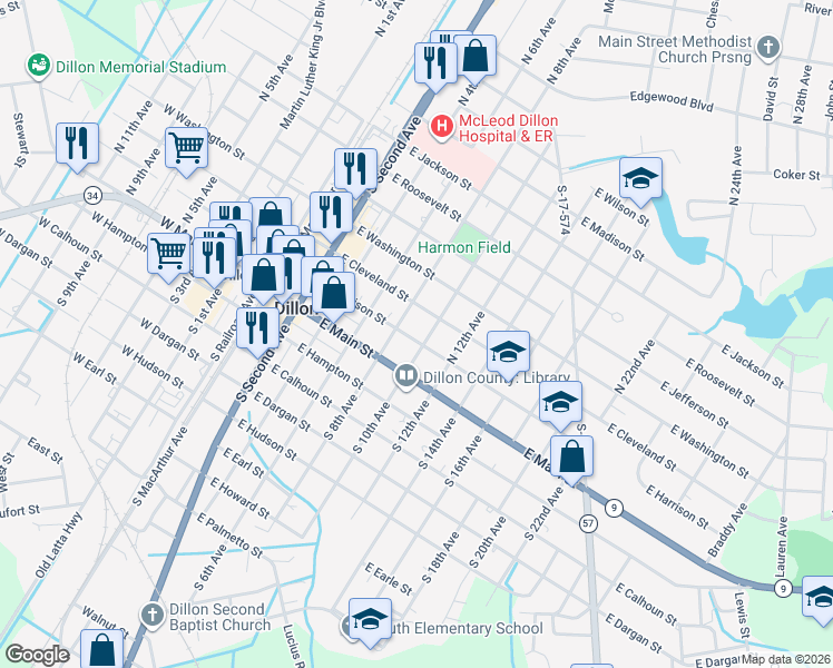 map of restaurants, bars, coffee shops, grocery stores, and more near 509 East Harrison Street in Dillon
