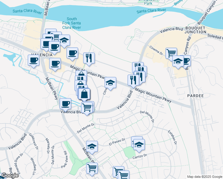 map of restaurants, bars, coffee shops, grocery stores, and more near 26340 Citrus Street in Santa Clarita