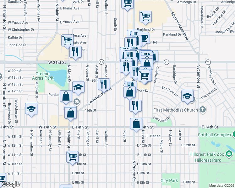 map of restaurants, bars, coffee shops, grocery stores, and more near 1721 Sheldon Street in Clovis