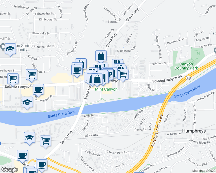 map of restaurants, bars, coffee shops, grocery stores, and more near 18346 Soledad Canyon Road in Santa Clarita